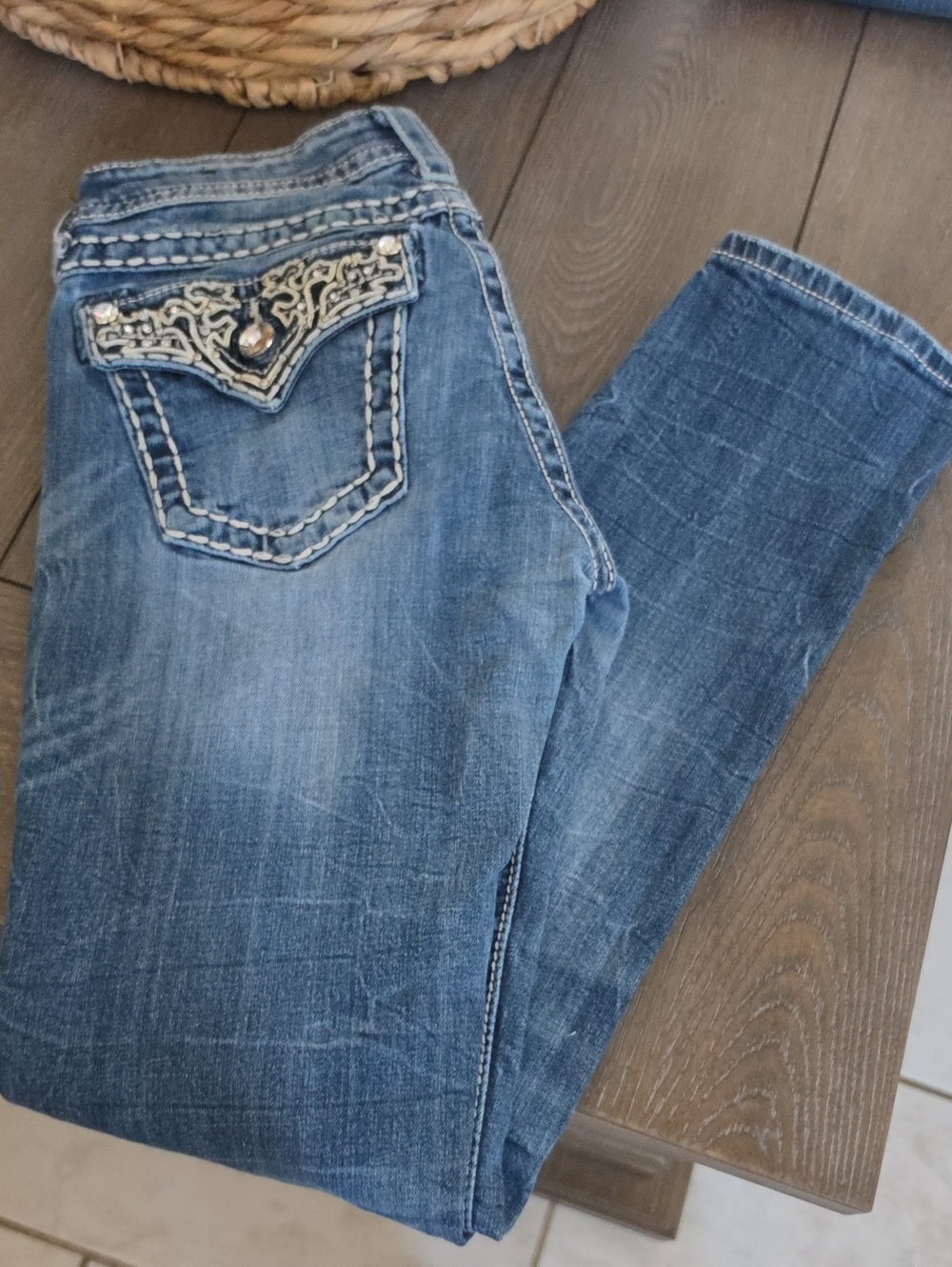Miss Me Jeans Women's Blue Straight Leg Jeans with Embroidered Pocket